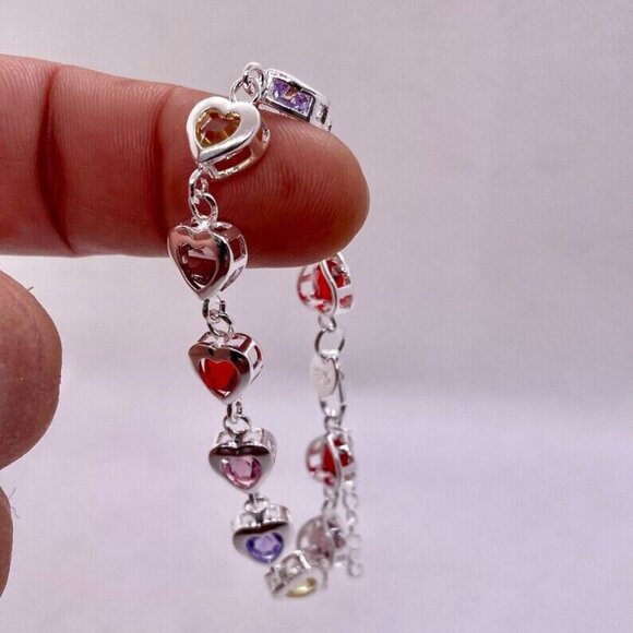 Multi color heart chain bracelet 925 sterling silver 8” adjustable - Picture 4 of 8